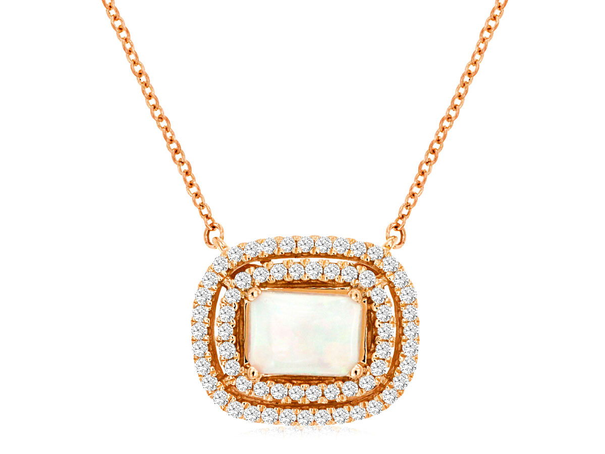 14KRG 0.70CT OPAL 62 DIA'S 0.33CTW DOUBLE HALO STATIONARY PEND W/ CHAIN