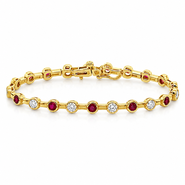 14KY 12 ROUND RUBIES 1.65CT & 12 ROUND DIAMONDS 1.50CT BEZEL SET 7" TENNIS BRACELET
