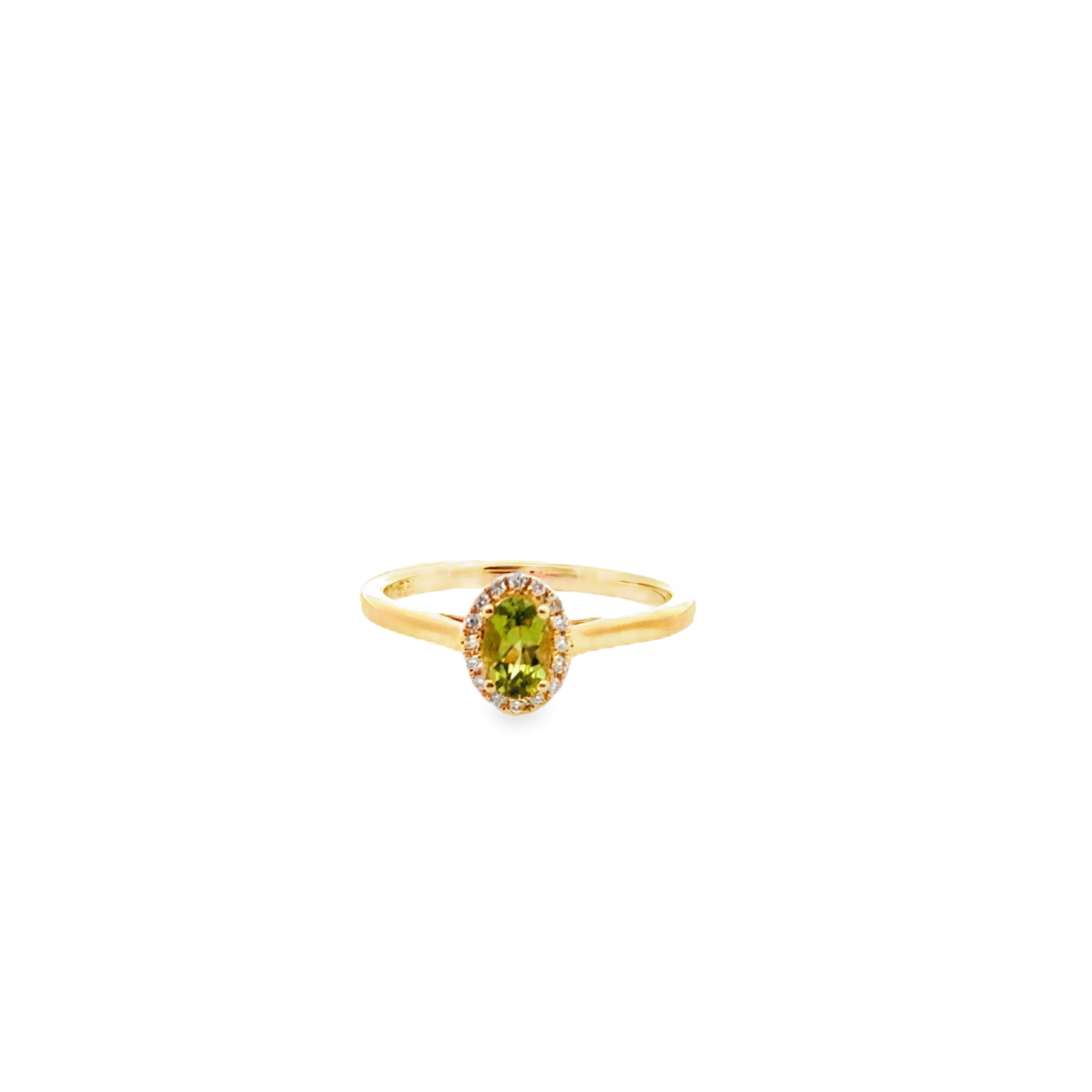18KY 0.49CT OVAL PERIDOT & 16 ROUND DIAMONDS 0.07CT HALO RING