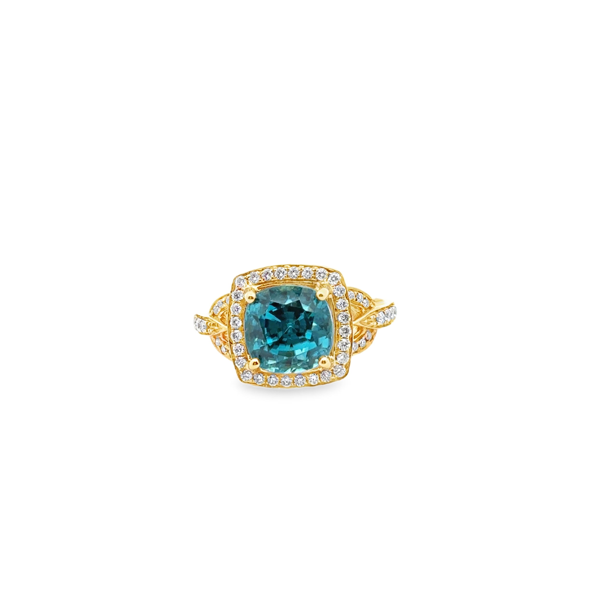 18KY 7.53CT CUSHION BLUE ZIRCON & 50 ROUND DIAMONDS 0.42CT HALO RING