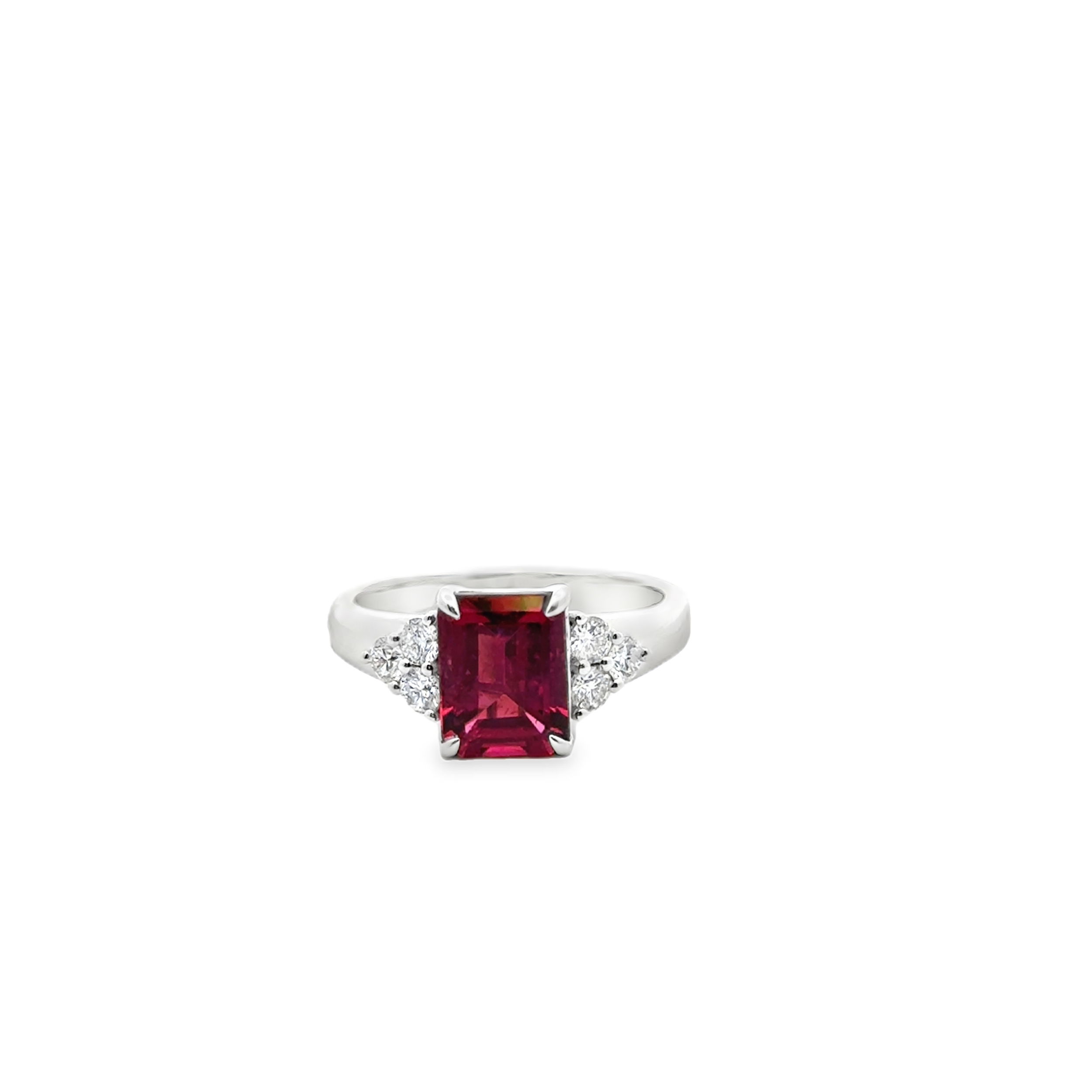 18KW 2.37CT EMERALD CUT RUBELITE TOURMALINE & 6 ROUND DIAMONDS 0.40CT LADIES RING