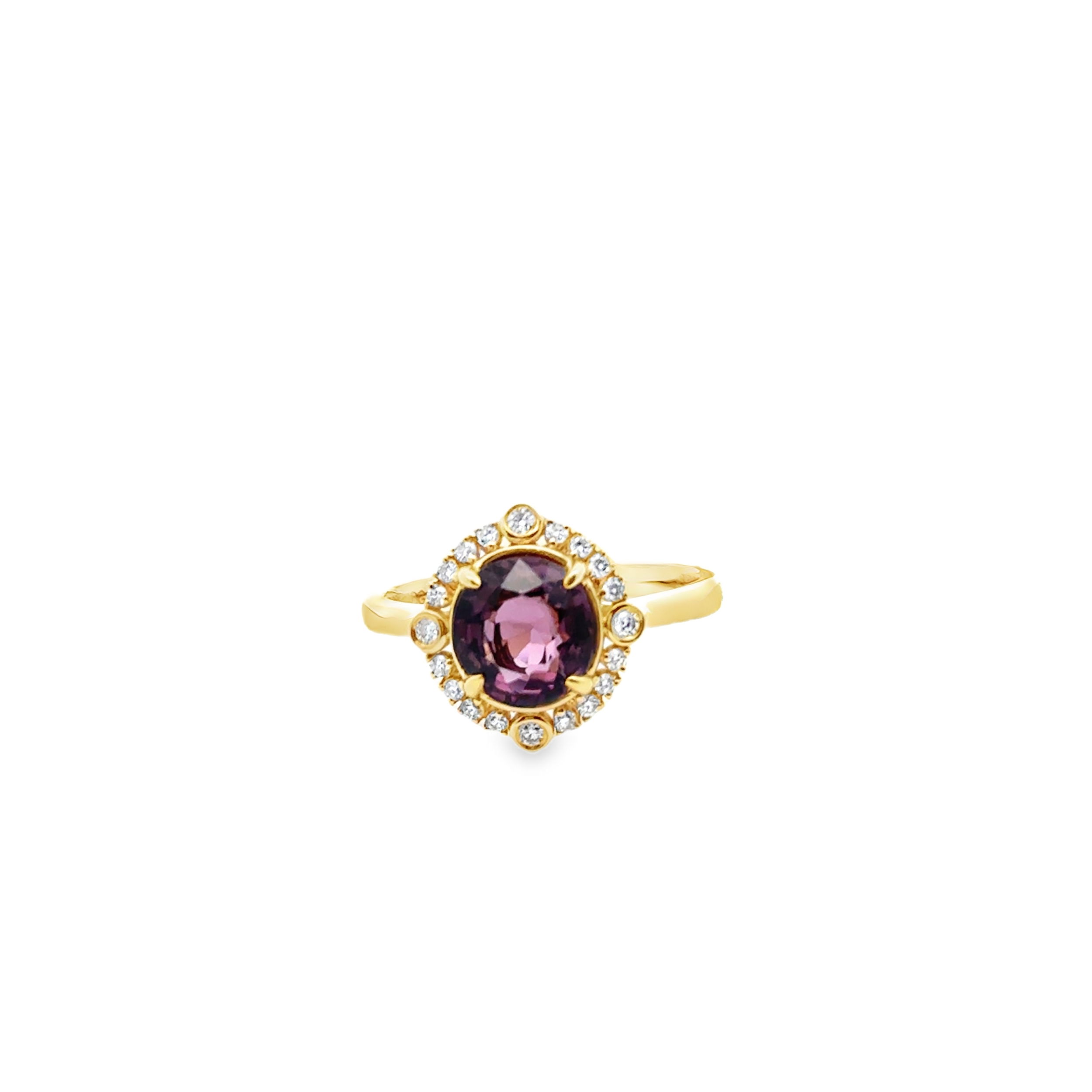18KY 2.15CT ROUND DARK PINK SPINEL & 20 ROUND DIAMONDS 0.19CT HALO RING