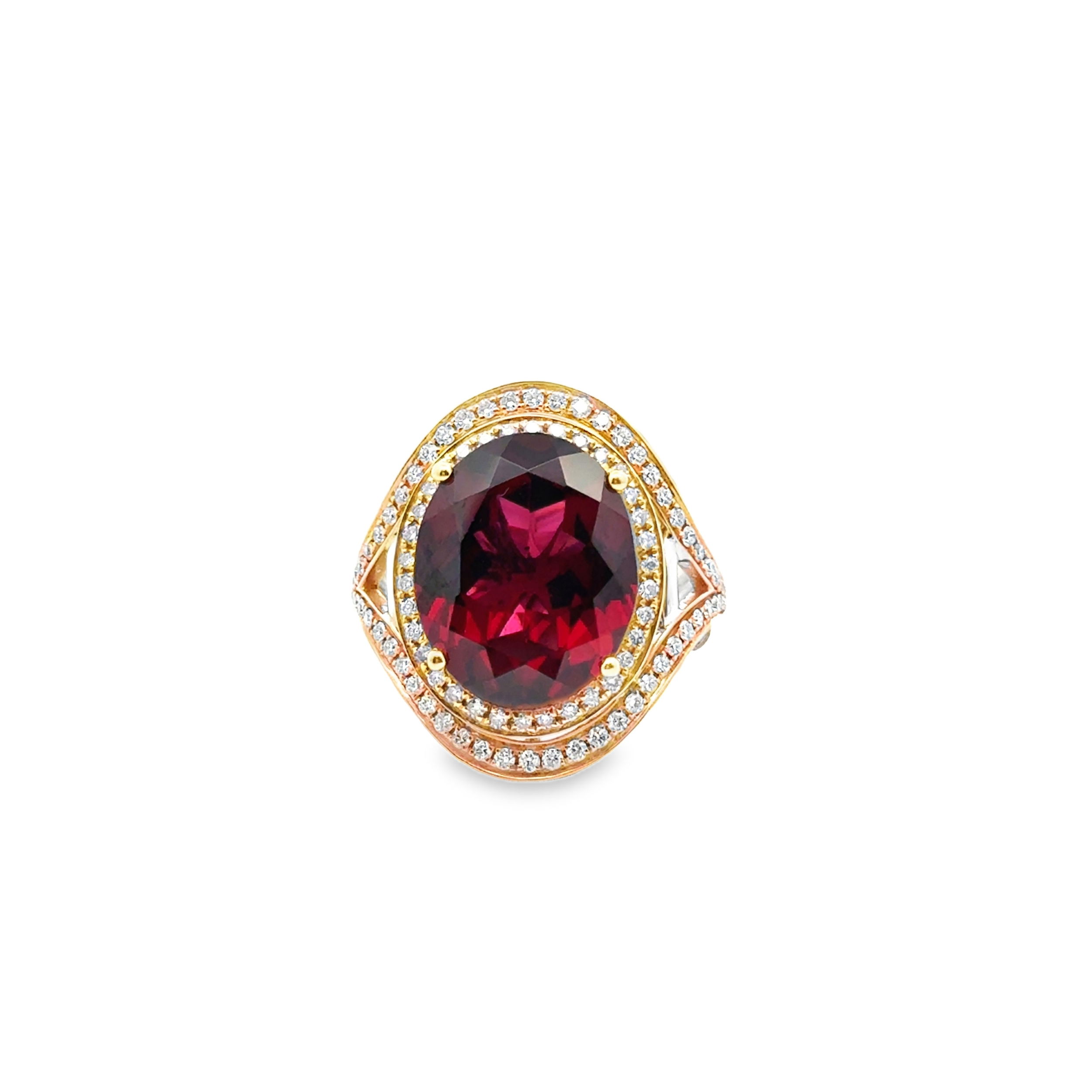 18KWG/RG 12.01CT RHODOLITE GARNET & 94 ROUND DIAMONDS 0.61CT HALO RING