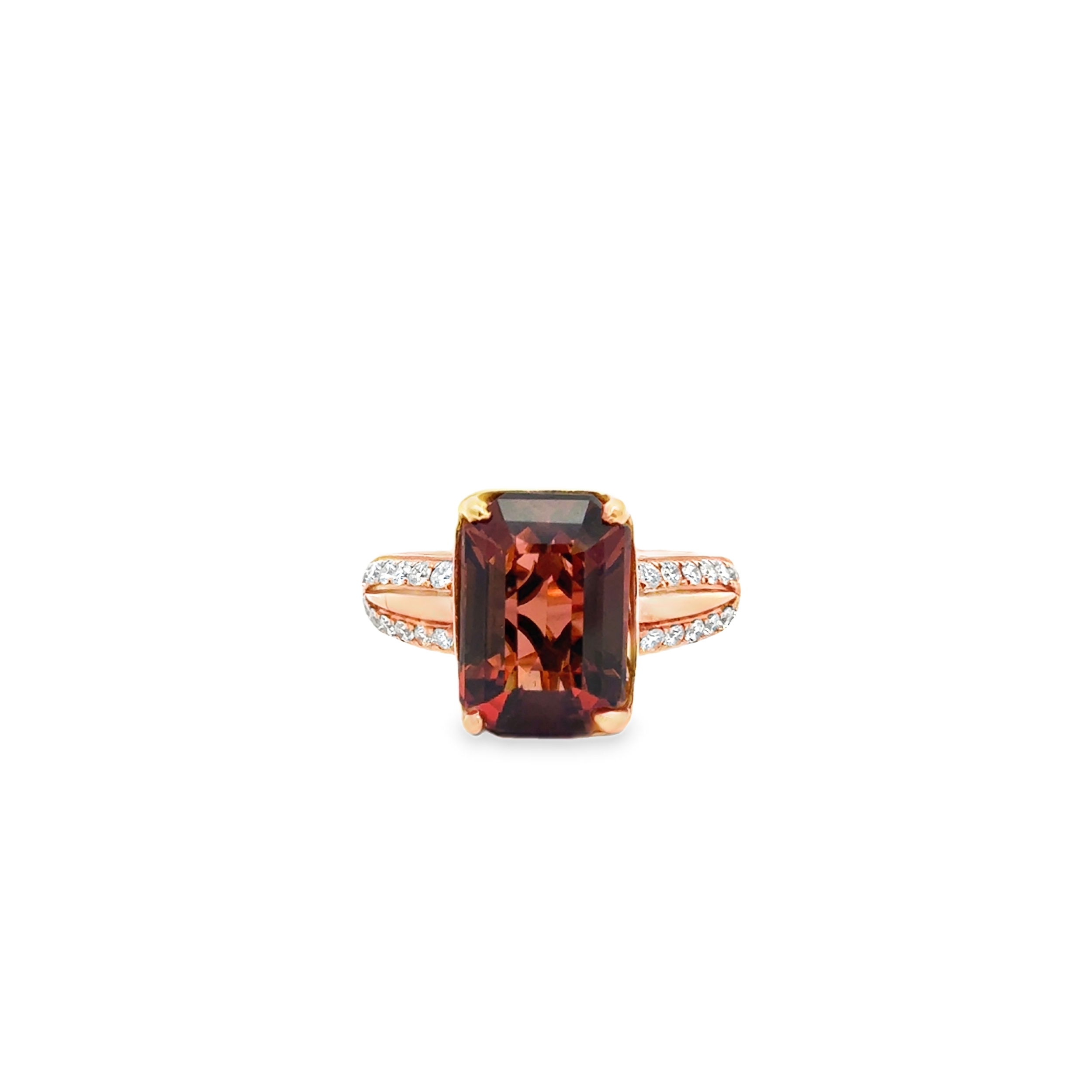 18KRG 7.76CT EMERALD CUT RED-ORANGE TOURMALINE & 24 ROUND DIAMONDS 0.35CT FASHION RING