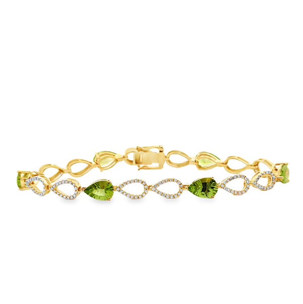 18KY 6 PEAR SHAPE PERIDOT 7.03CT & 204 ROUND DIAMONDS 0.81CT PRONG SET 7" BRACELET