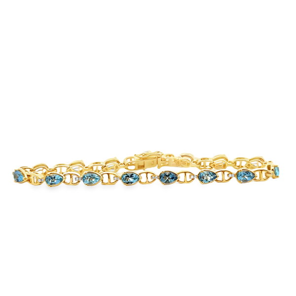 18KY 15 PEAR SHAPE AQUAMARINE 5.22CT & 30 ROUND DIAMONDS 0.12CT PRONG SET 7" BRACELET