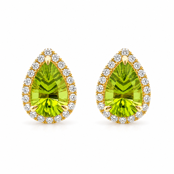 18KYG 2 PEAR SHAPE PERIDOT 2.46CT & 40 ROUND DIAMONDS 0.29CT HALO STUD EARRINGS