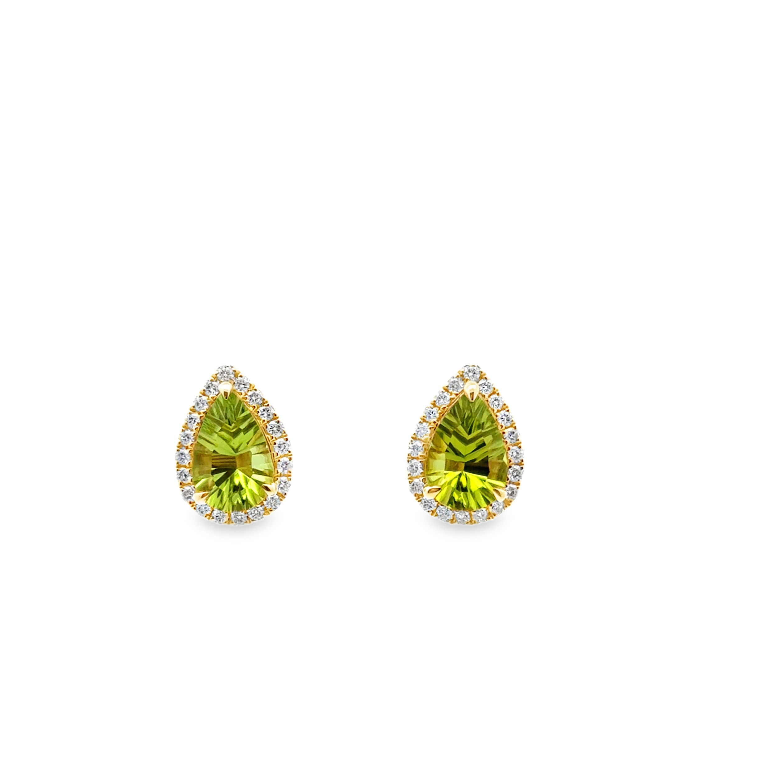 18KYG 2 PEAR SHAPE PERIDOT 2.46CT & 40 ROUND DIAMONDS 0.29CT HALO STUD EARRINGS