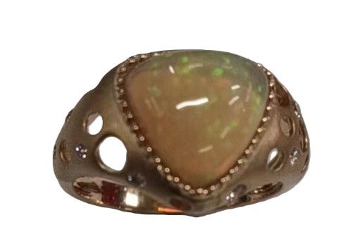 18KYG 2.52CT TRIANGLE ETHIOPIAN OPAL & 10 ROUND DIAMONDS 0.13CT SATIN FINISH CONTEMPORARY FASHION RING