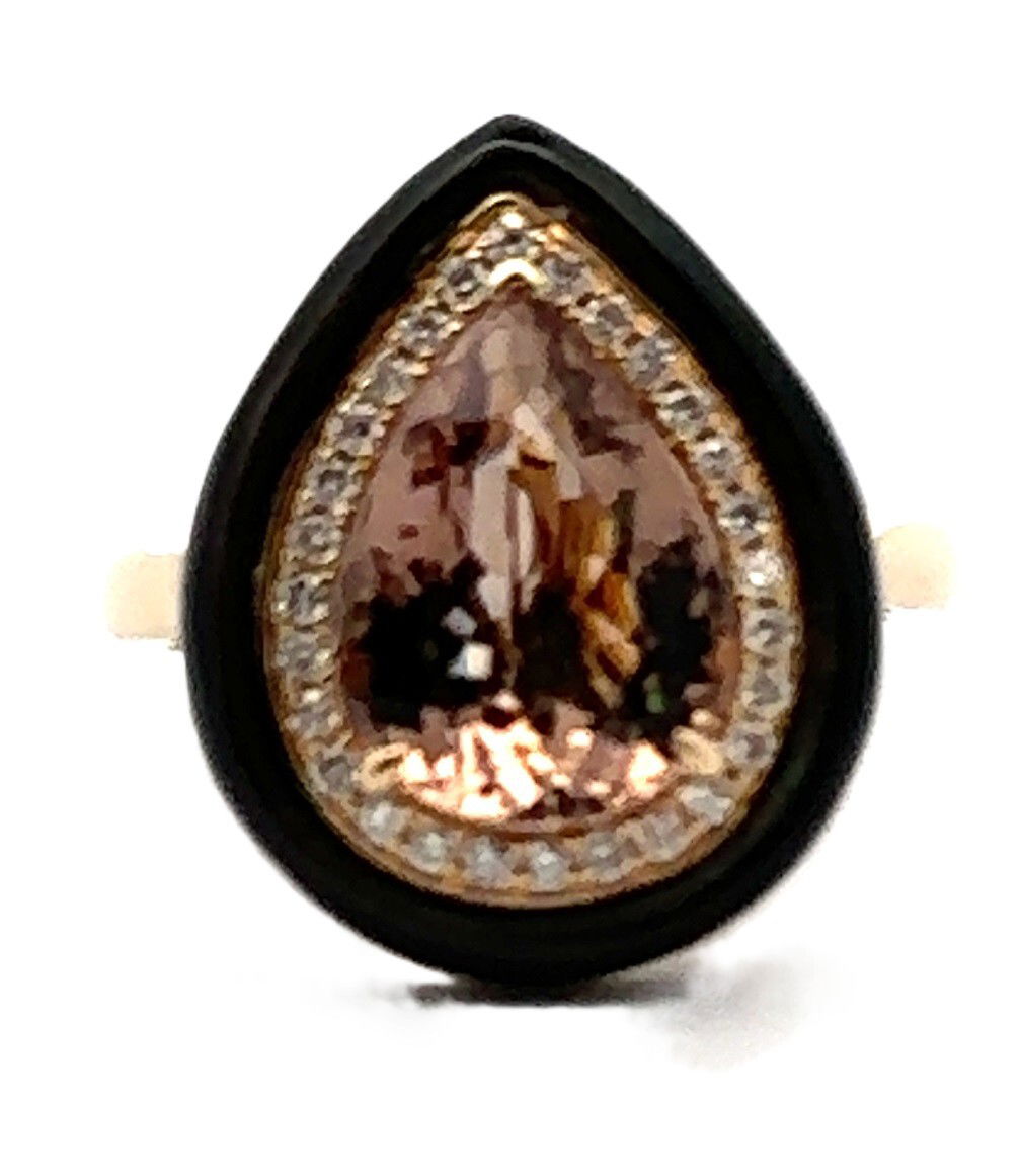 18KY 4.10CT PEAR SHAPE LIGHT GOLDEN TOURMALINE 28 ROUND DIAMONDS 0.21CT & BLACK MOTHER OF PEARL RIM HALO FASHION RING