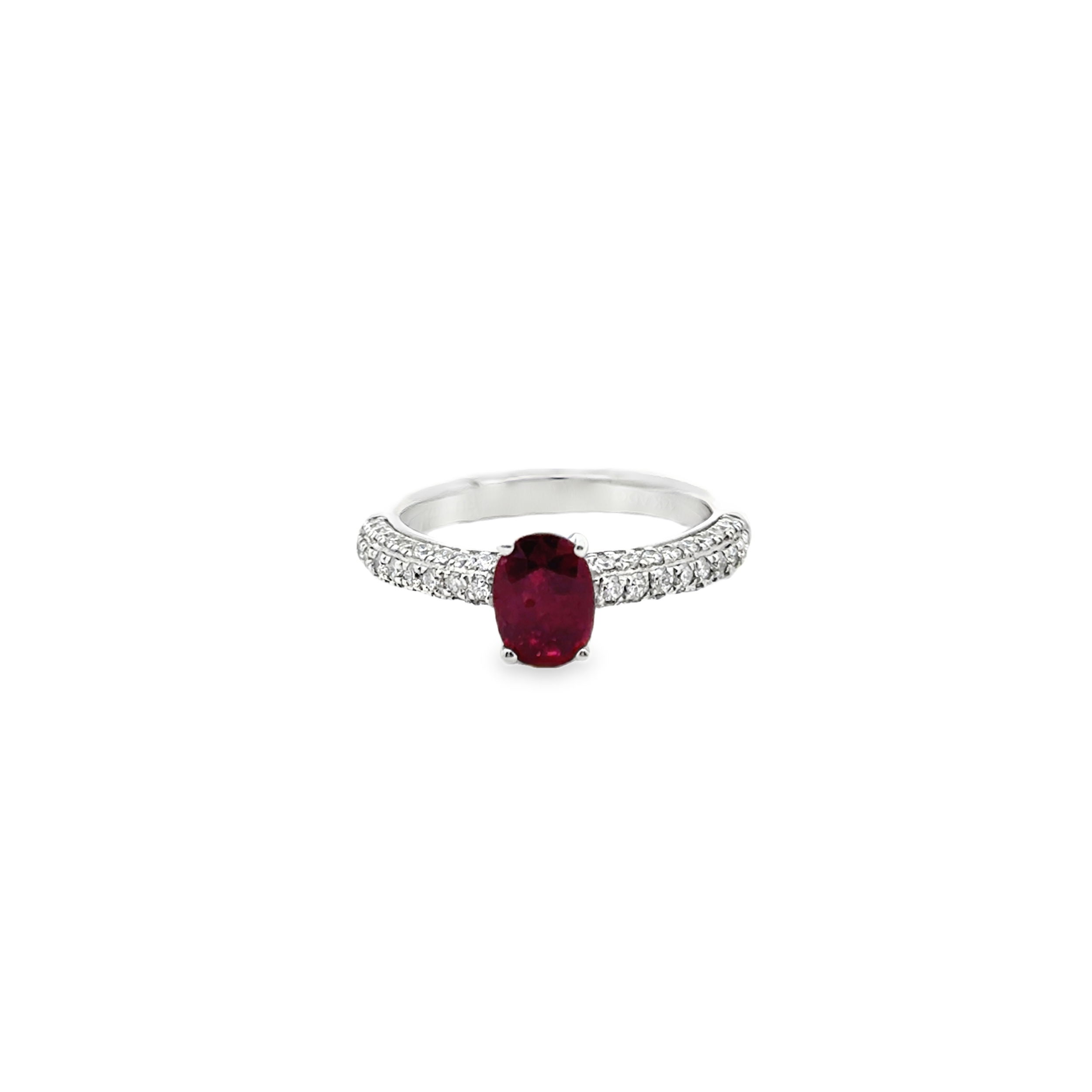 14KW 1.02CT OVAL RUBY & 54 ROUND DIAMONDS 0.52CT PAVE RING WITH EURO-SHANK