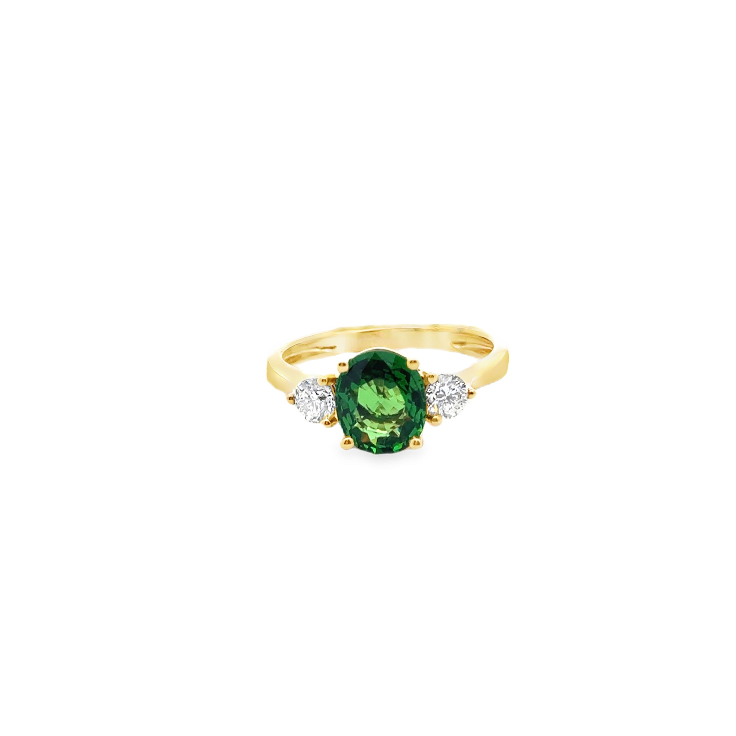 14KY 1.82CT OVAL TSAVORITE GARNET & 2 ROUND DIAMONDS 0.40CT 3-STONE RING