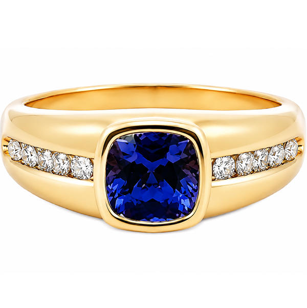 18KY 2.69CT CUSHION TANZANITE & 10 ROUND DIAMONDS 0.39CT CHANNEL SET MEN'S RING