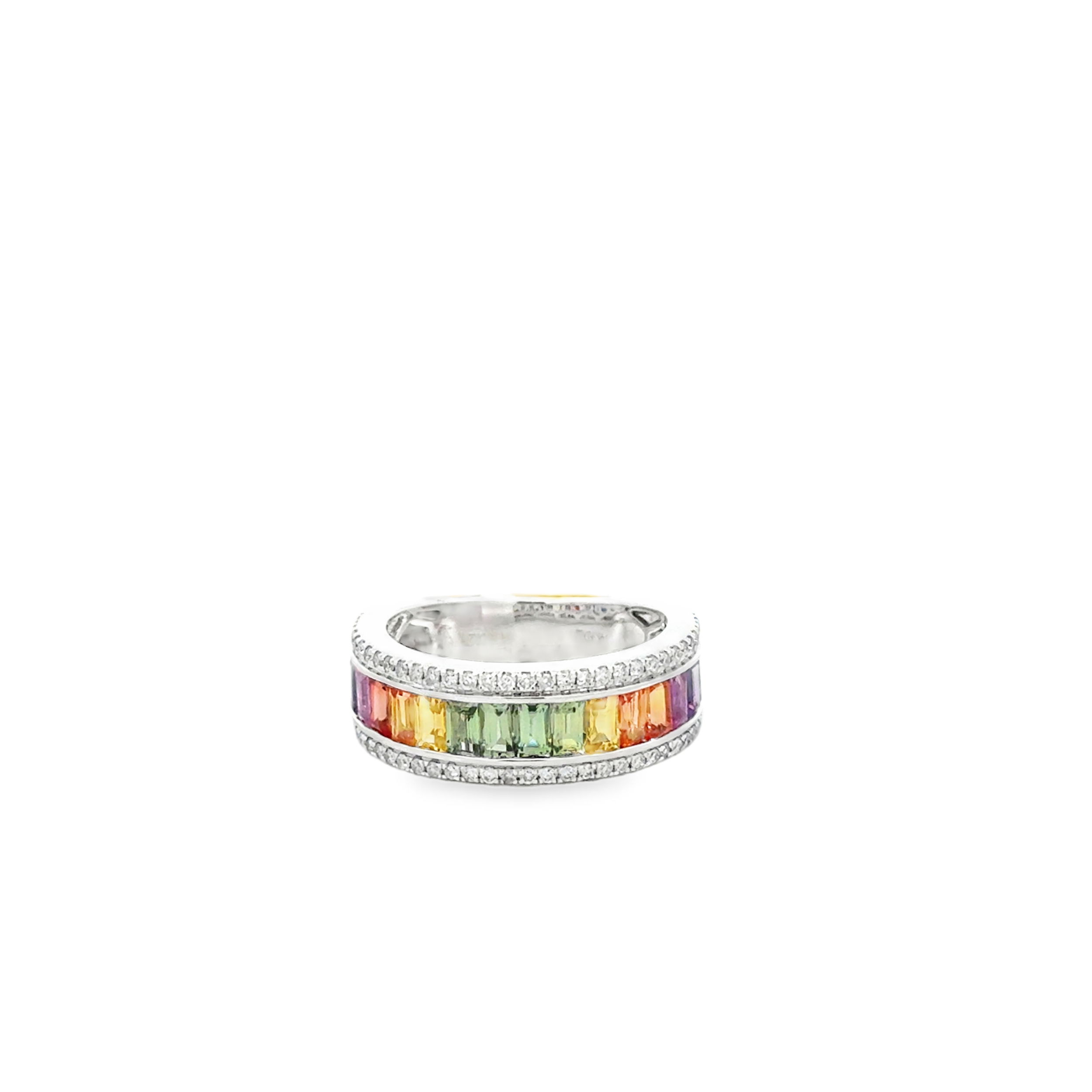 14KW 18 BAGUETTE RAINBOW SAPPHIRES 2.06CT & 62 ROUND DIAMONDS 0.29CT CHANNEL SET BAND
