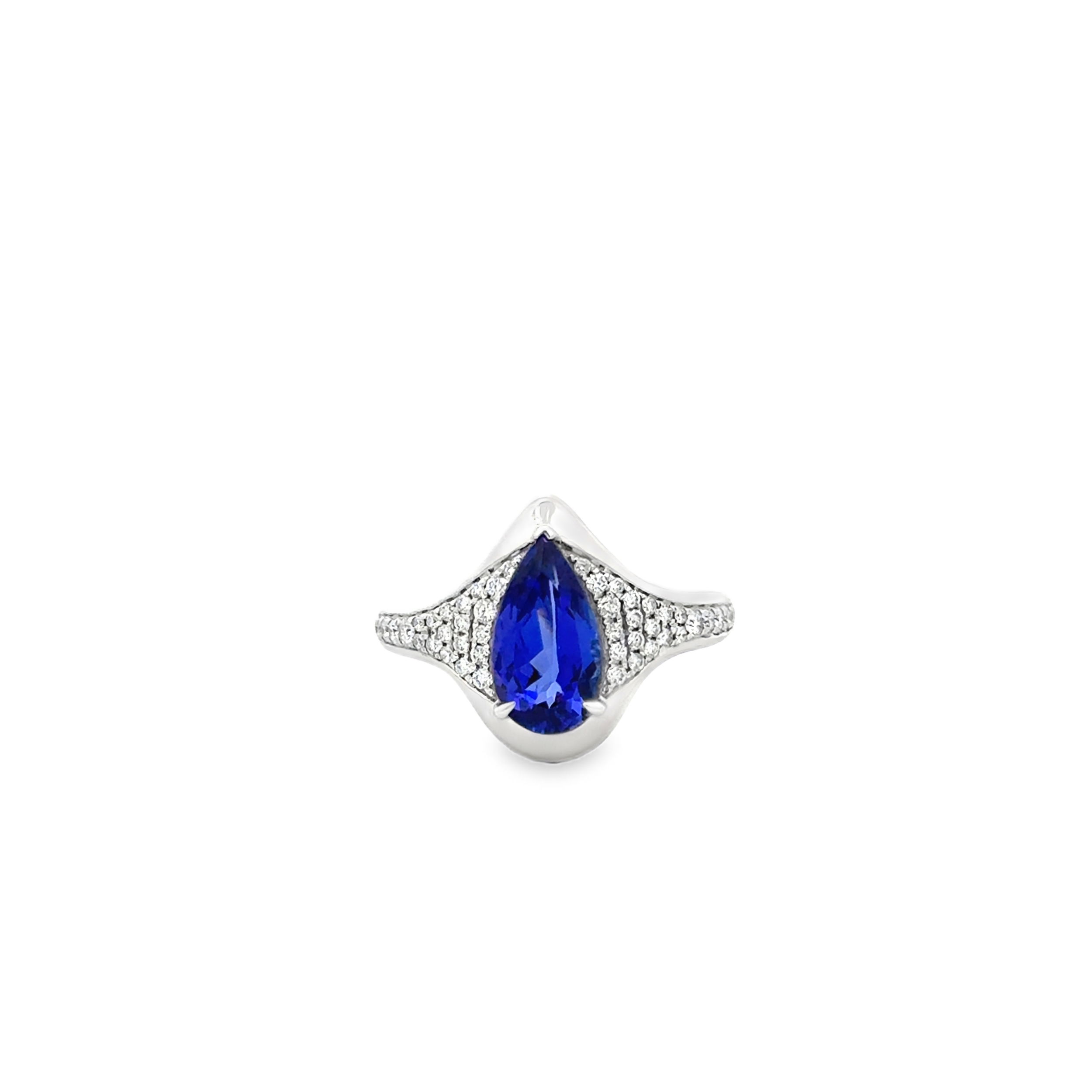 18KWG 2.01CT PEAR SHAPE TANZANITE & 46 ROUND DIAMONDS 0.29CT PAVE CONTEMPORARY HALO RING