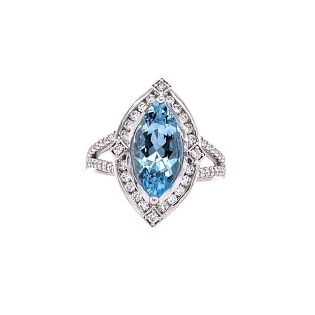 14KW 2.23CT MARQUISE AQUAMARINE & 64 ROUND DIAMONDS 0.52CT SPLIT SHANK HALO RING