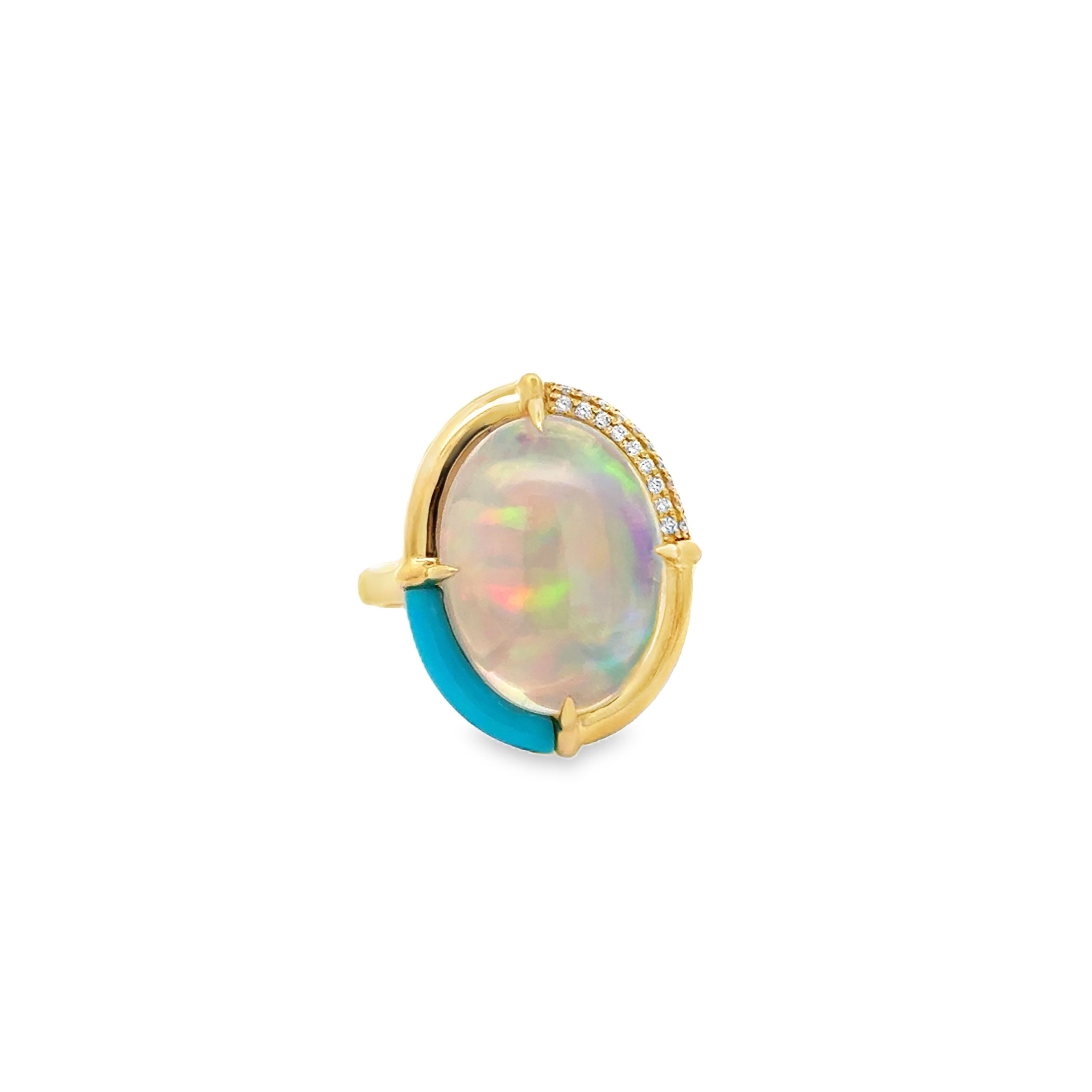 14KYG 7.06CT OVAL ETHIOPIAN OPAL - 9 ROUND DIAMONDS 0.08CT & TURQUOISE ACCENTED HALO RING