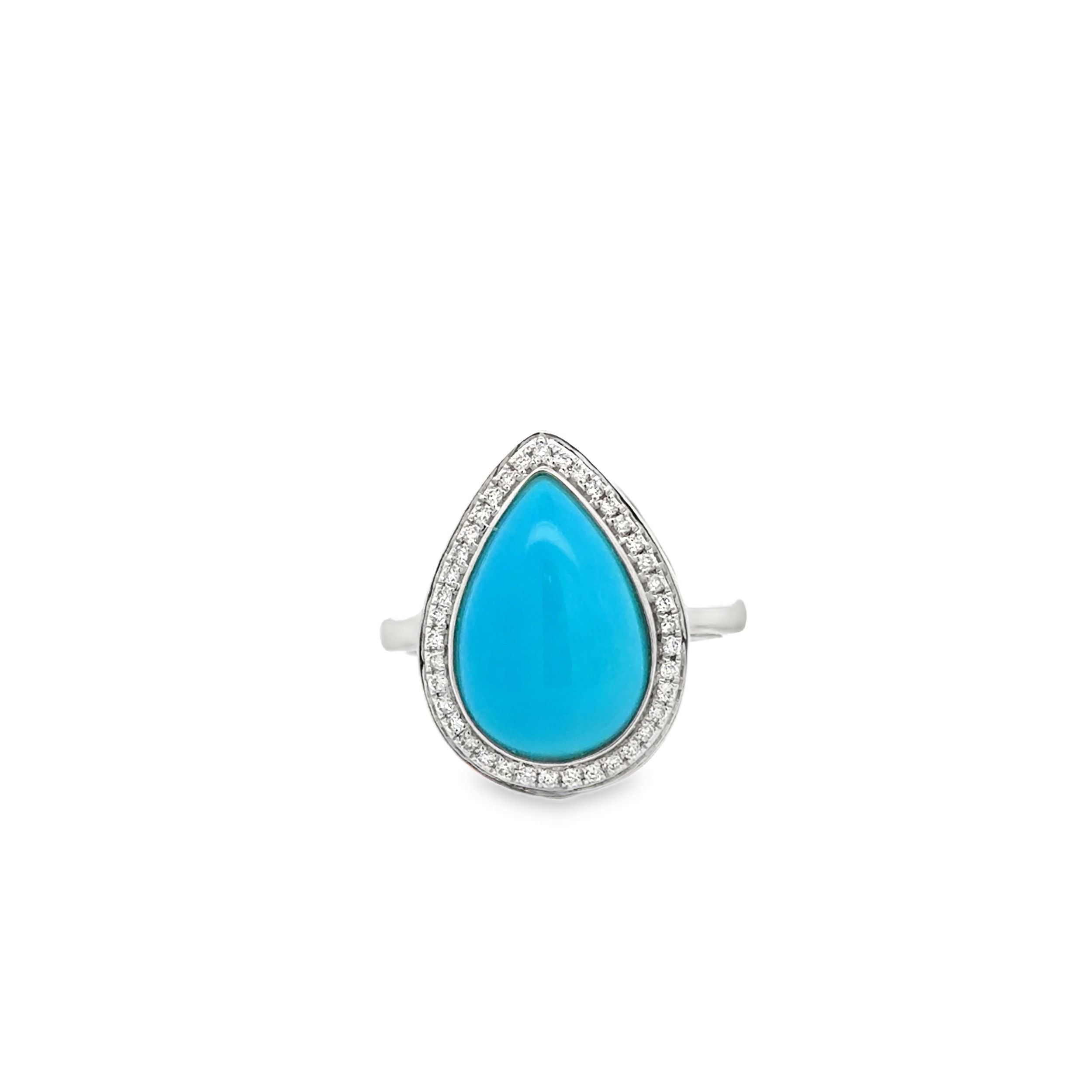 14KWG 4.67CT PEAR SLEEPING BEAUTY TURQUOISE & 39 ROUND DIAMONDS 0.17CT POLISHED HALO RING