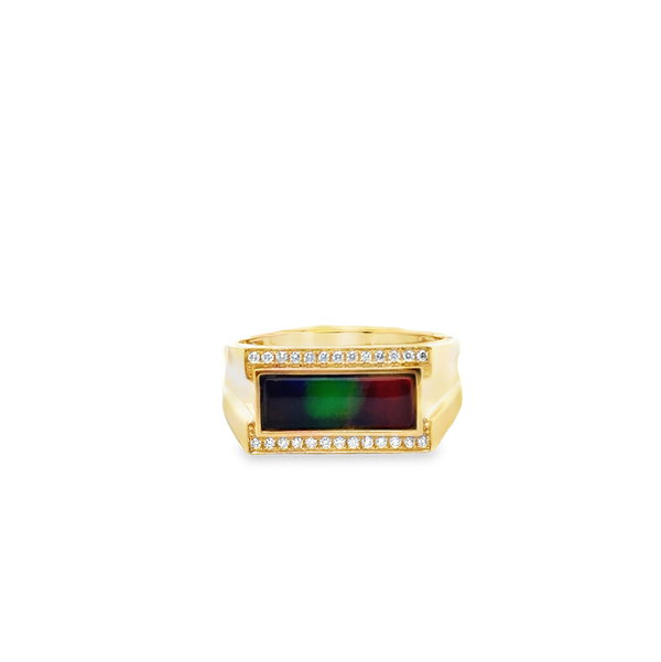 14KYG 2.06CT AMMOLITE & 26 ROUND DIAMONDS 0.14CT RECTANGULAR MEN'S RING