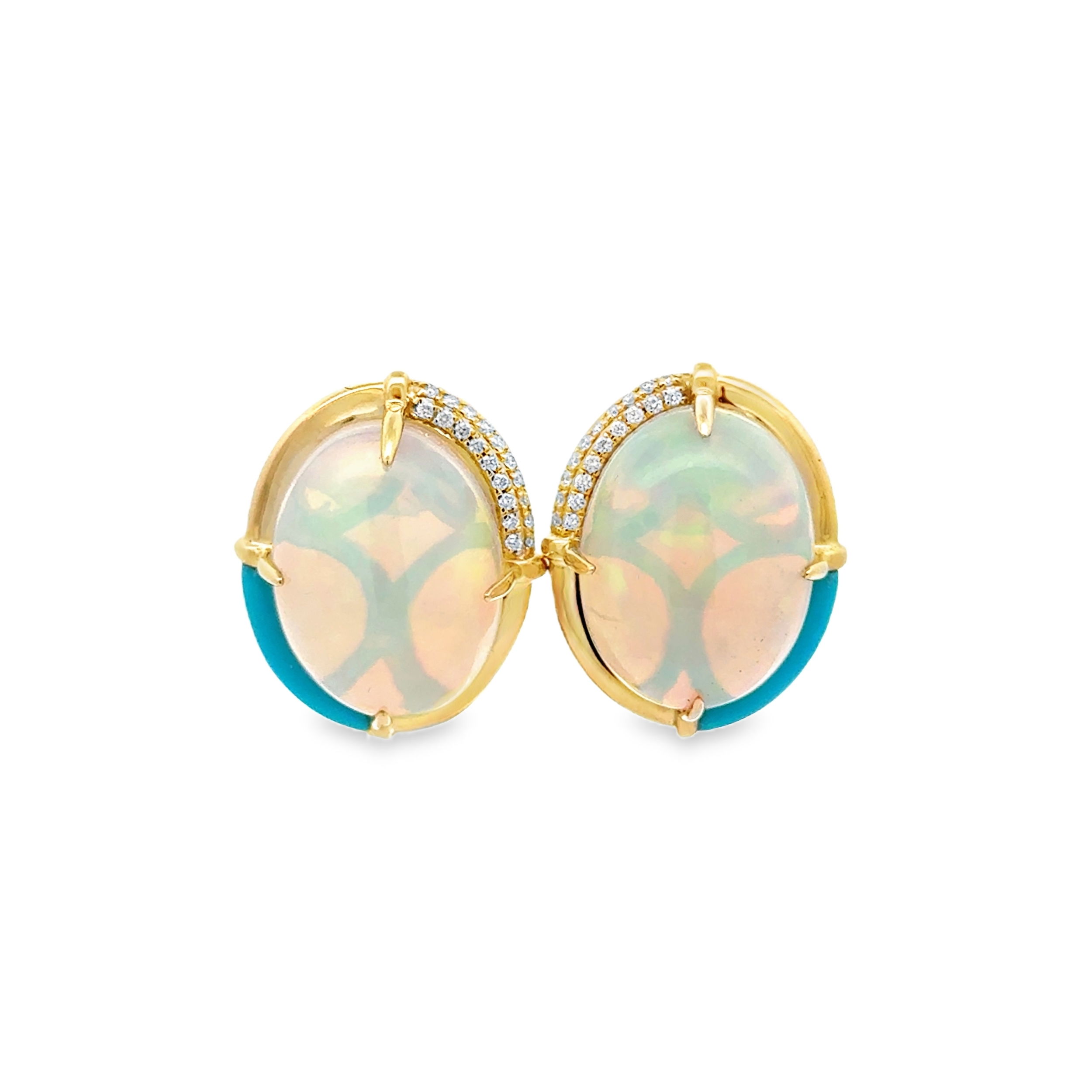 14KYG 2 OVAL ETHIOPIAN OPALS 16.69CT & 38 ROUND DIAMONDS 0.15CT TURQUOISE ACCENTED HALO STUD EARRINGS