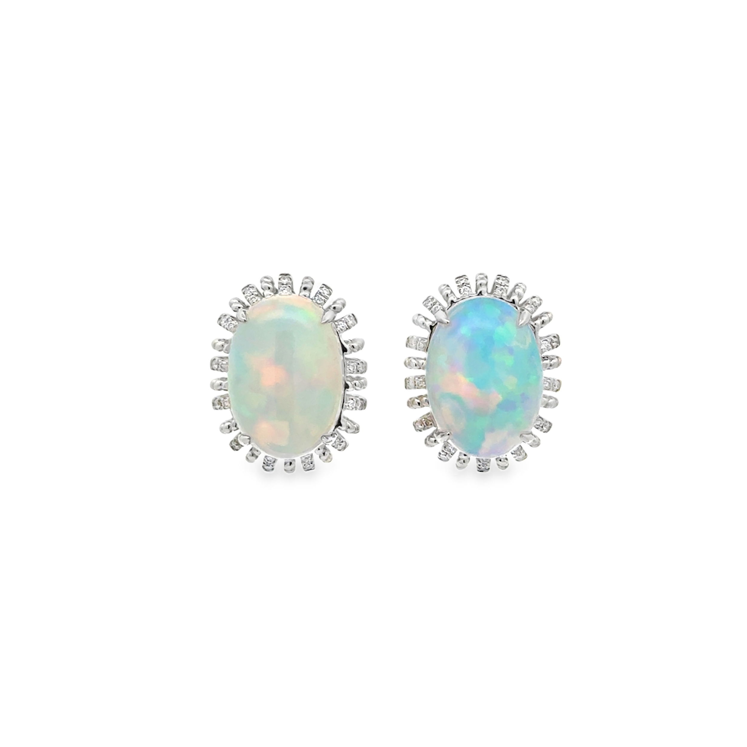 14KW 2 OVAL ETHIOPIAN OPALS 8.88CT & 52 ROUND DIAMONDS 0.17CT HALO STUD EARRINGS