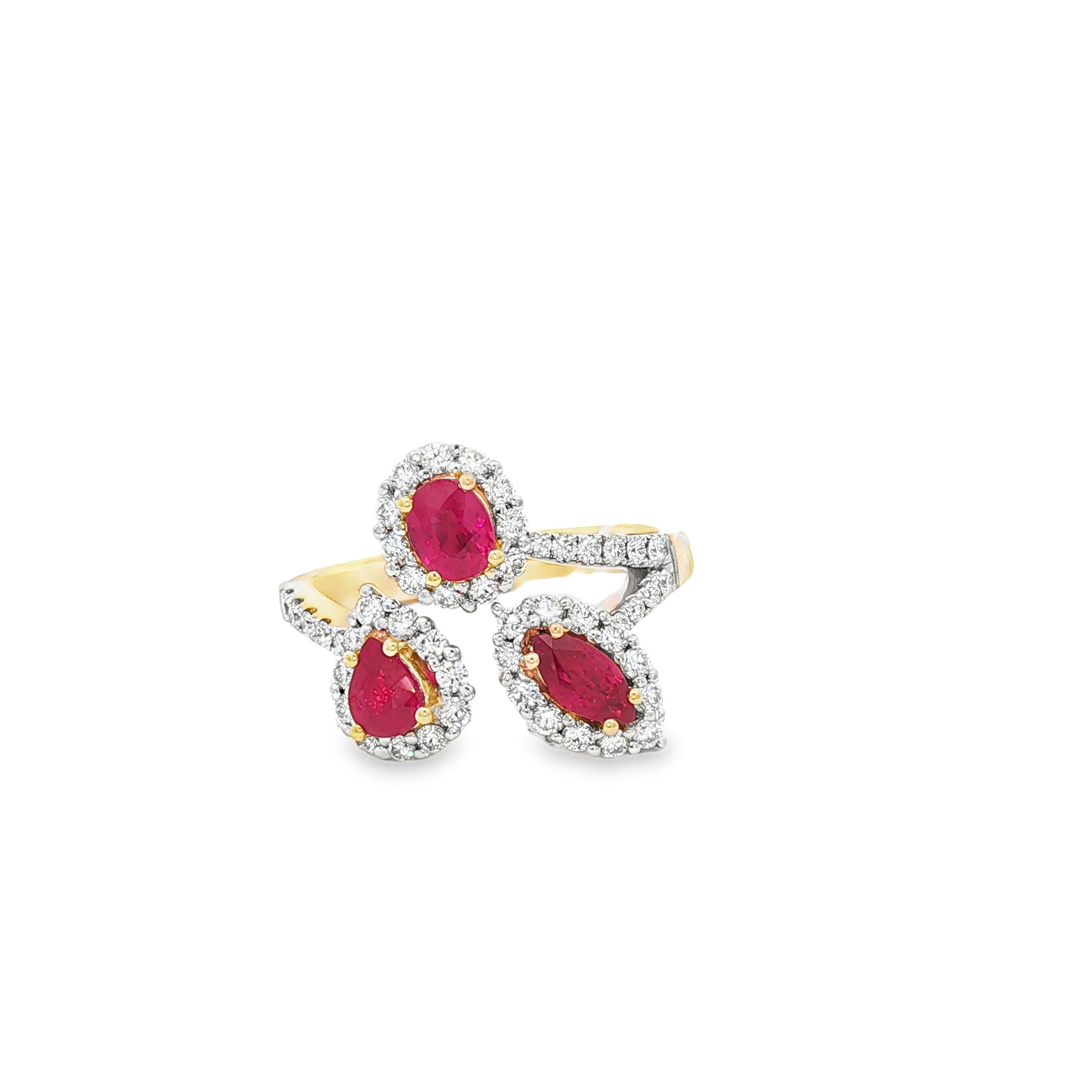14KYG 3 RUBIES (OV, PS, MQ) 1.06CT & 49 ROUND DIAMONDS 0.56CT 3-HALO FASHION RING