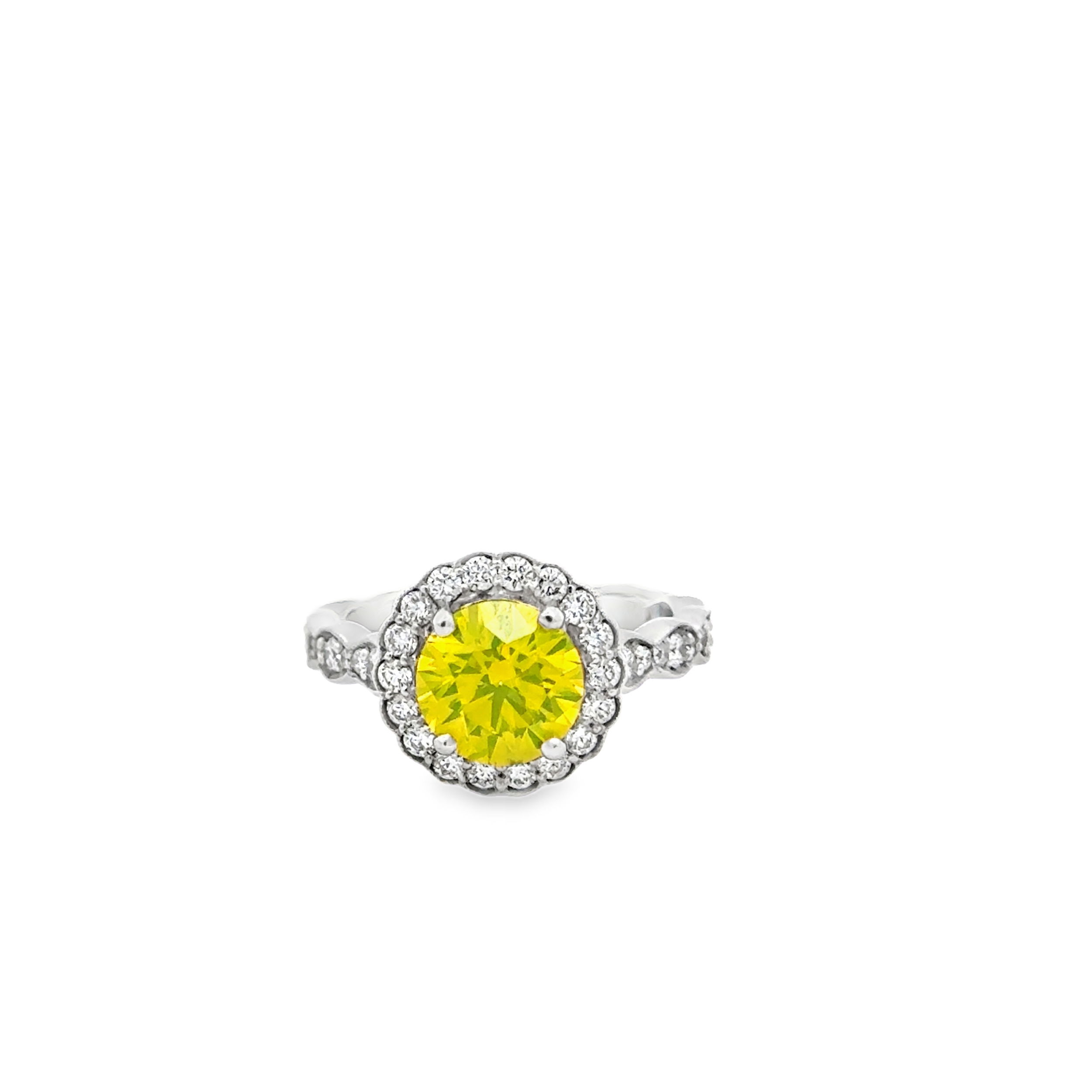 14KWG 1.86CT FANCY IRRADIATED YELLOW ROUND DIAMOND & 46 ROUND DIAMONDS 0.76CT MILGRAIN HALO RING