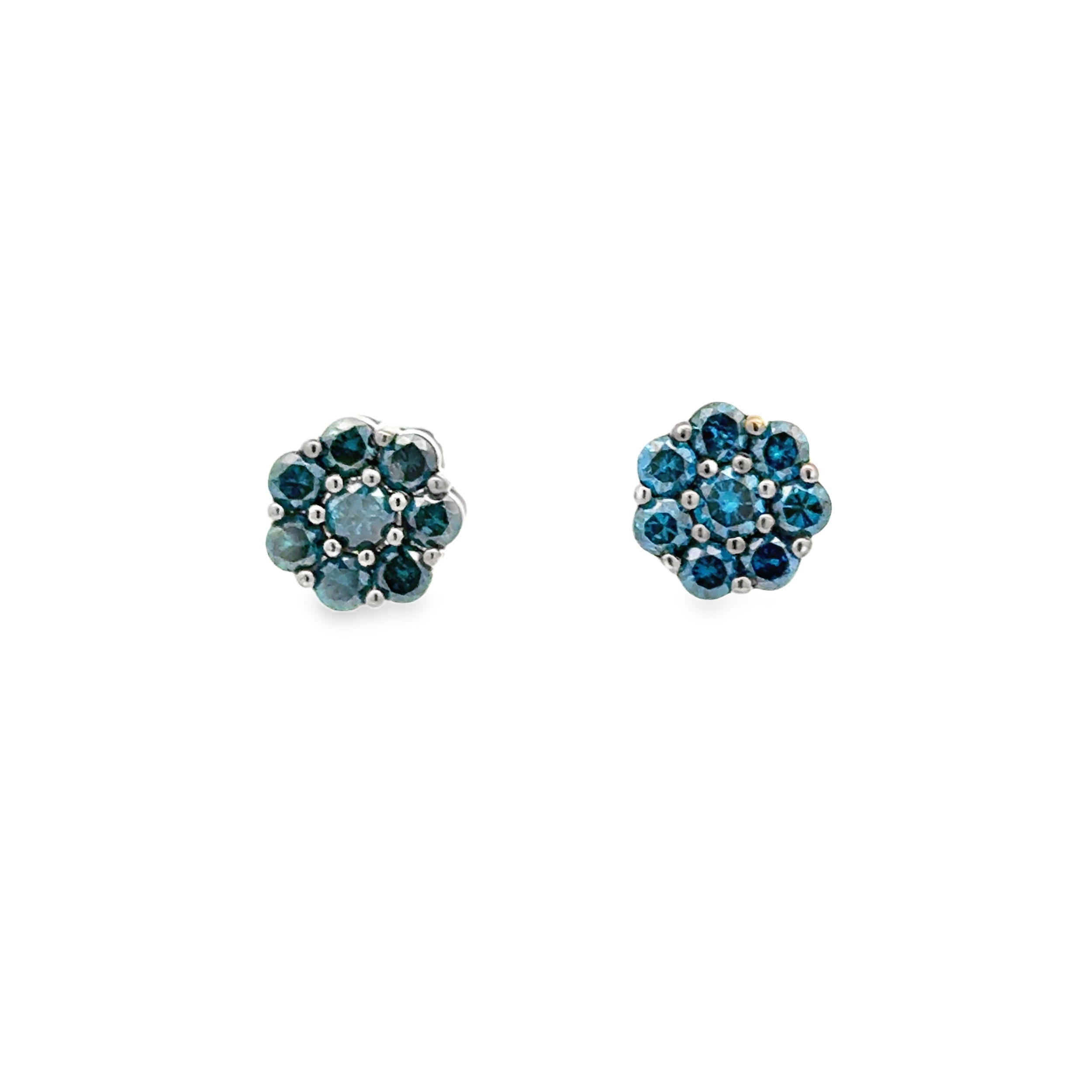 14KWG 16 ROUND BLUE IRRADIATED DIAMONDS 1.50CT CLUSTER STUD EARRINGS