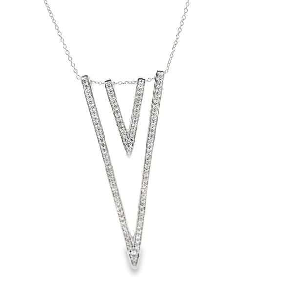 Closeup photo of 14KWG 94 ROUND DIAMONDS 0.63CT LAYERED TRIANGLE PENDANTS ON 18" CABLE CHAIN