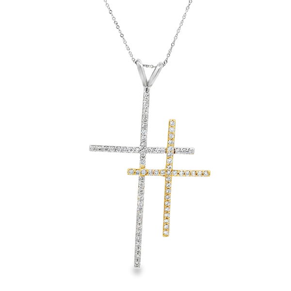 Closeup photo of 14KWG/YG 72 ROUND DIAMONDS 0.76CT DOUBLE CROSS PENDANT W/20" DIAMOND CUT ROPE CHAIN