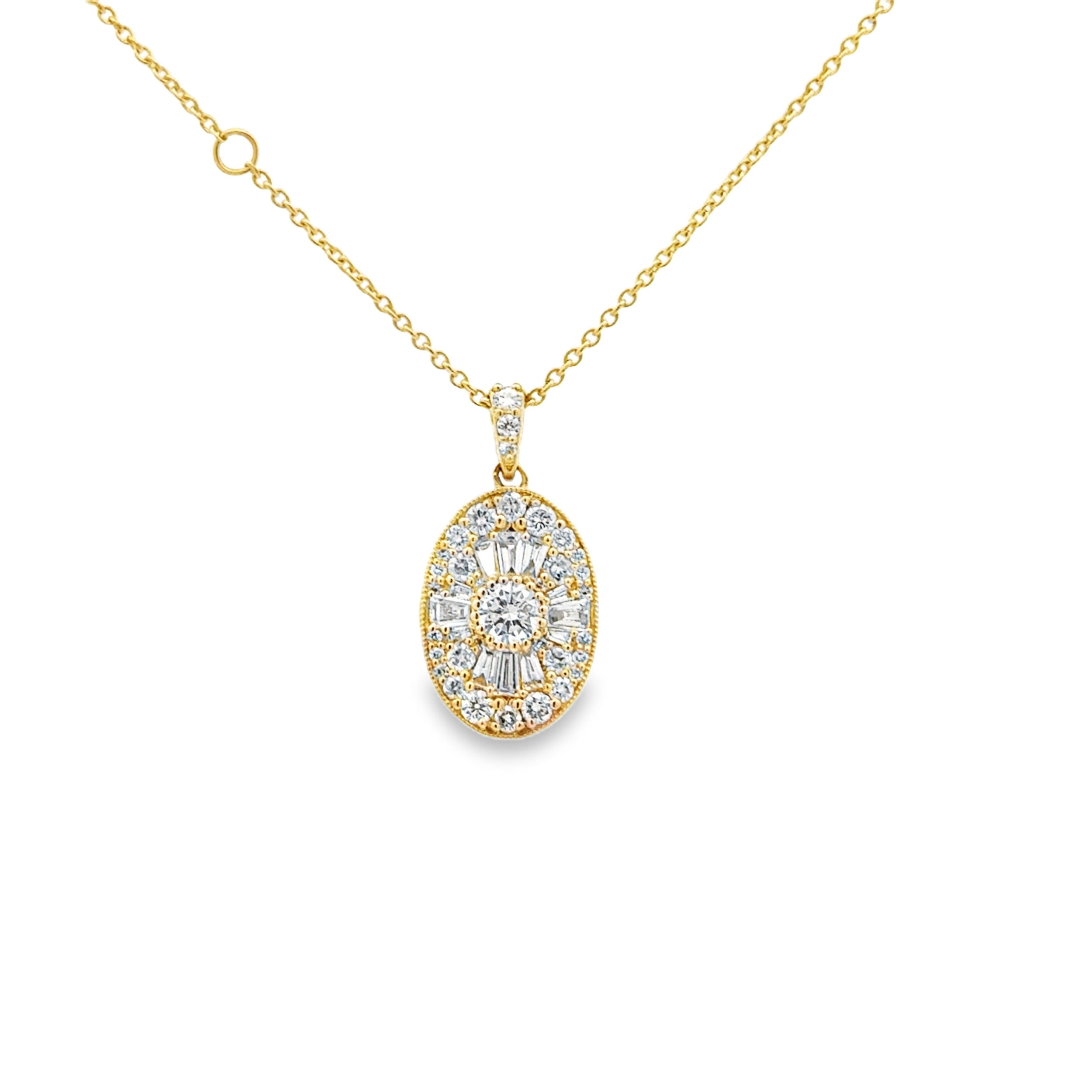 14KYG 12 BAGUETTE DIAMONDS 0.31CT & 34 ROUND DIAMONDS 0.61CT OVAL CLUSTER PENDANT W/18" CABLE CHAIN