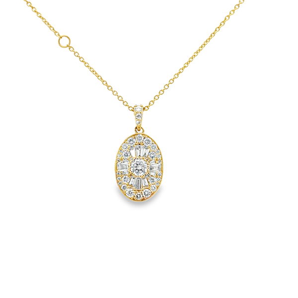 Closeup photo of 14KYG 12 BAGUETTE DIAMONDS 0.31CT & 34 ROUND DIAMONDS 0.61CT OVAL CLUSTER PENDANT W/18" CABLE CHAIN