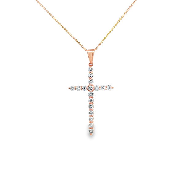 Closeup photo of 14KRG 17 ROUND DIAMONDS 0.75CT SHARED PRONG CROSS PENDANT W/18" CHAIN