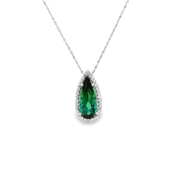 Closeup photo of 14KWG 3.82CT PEAR SHAPE GREEN TOURMALINE & 30 ROUND DIAMONDS 0.36CT HALO PENDANT W/18" CHAIN