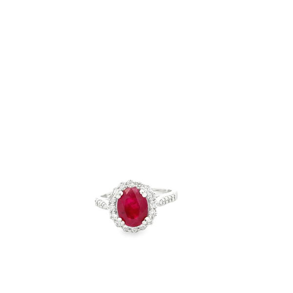 Closeup photo of 14KWG 2.18CT OVAL RUBY & 26 ROUND DIAMONDS 0.60CT HALO RING