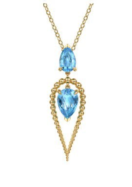 14KYG 2 PEAR SHAPE BLUE TOPAZ 11.23CT BUJUKAN FASHION PENDANT W/17.5" CABLE CHAIN