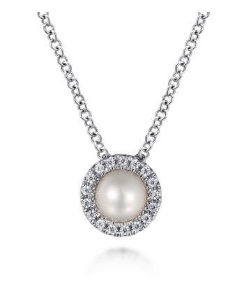 14KWG 5.0-5.5MM FRESHWATER PEARL & 17 ROUND DIAMONDS 0.06CT HALO PENDANT W/18" CABLE CHAIN