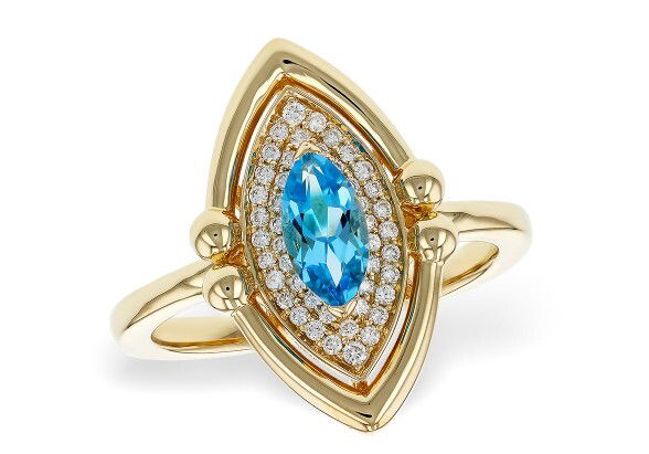 14KYG 0.54CT MARQUISE BLUE TOPAZ & 46 ROUND DIAMONDS 0.16CT POLISHED HALO FASHION RING
