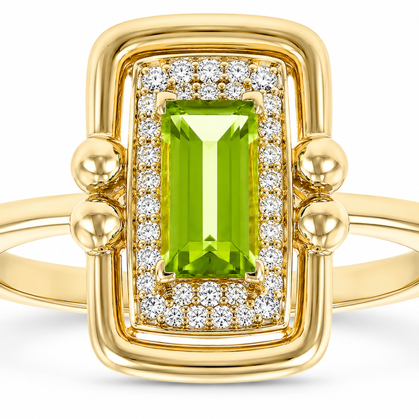 14KYG 0.72CT EMERALD CUT PERIDOT & 34 ROUND DIAMONDS 0.12CT POLISHED HALO FASHION RING
