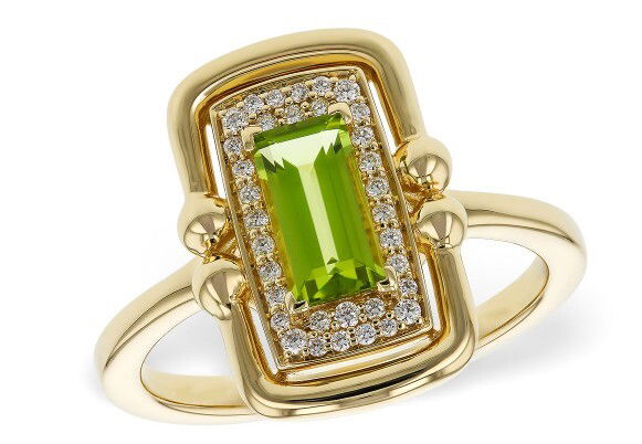 14KYG 0.72CT EMERALD CUT PERIDOT & 34 ROUND DIAMONDS 0.12CT POLISHED HALO FASHION RING