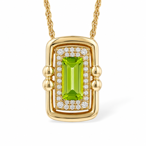 14KYG 0.72CT EMERALD CUT PERIDOT & 34 ROUND DIAMONDS 0.12CT POLISHED HALO PENDANT W/18" ROPE CHAIN