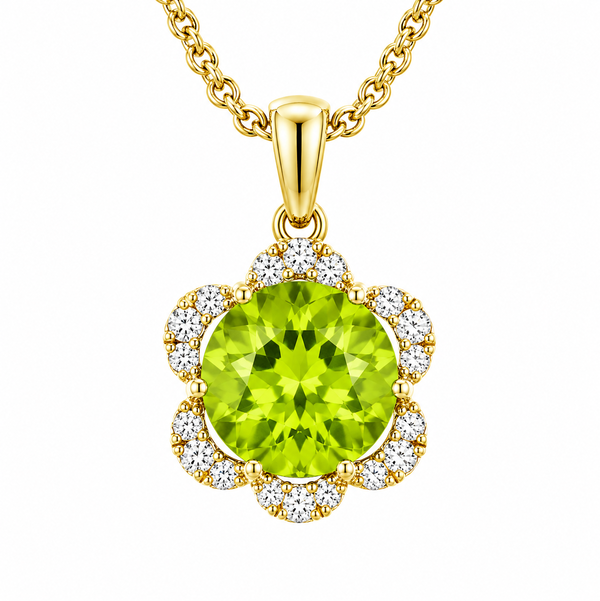 14KYG 2.16CT PERIDOT & 15 ROUND DIAMONDS 0.12CT HALO PENDANT W/18" ROPE CHAIN