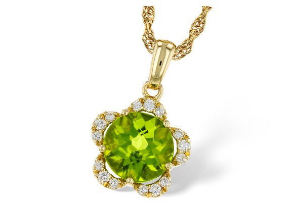 14KYG 2.16CT PERIDOT & 15 ROUND DIAMONDS 0.12CT HALO PENDANT W/18" ROPE CHAIN
