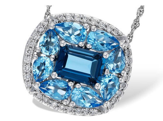 14KWG 1.06CT EMERALD CUT LONDON BLUE TOPAZ -- 8 PEAR SHAPE SWISS BLUE TOPAZ 1.53CT -- 34 ROUND DIAMONDS 0.16CT HALO PENDANT W/18" ROPE CHAIN