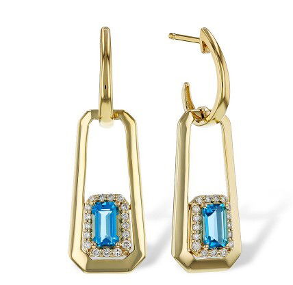 14KYG 2 EMERALD CUT SWISS BLUE TOPAZ 0.66CT & 34 ROUND DIAMONDS 0.14CT PAPERCLIP INSPIRED DANGLE EARRINGS