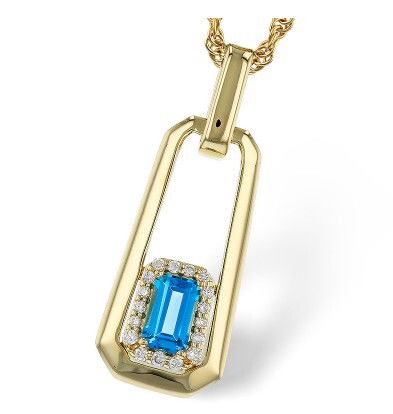 14KYG 0.33CT EMERALD CUT SWISS BLUE TOPAZ & 17 ROUND DIAMONDS 0.07CT PAPERCLIP INSPIRED PENDANT W/18" ROPE CHAIN