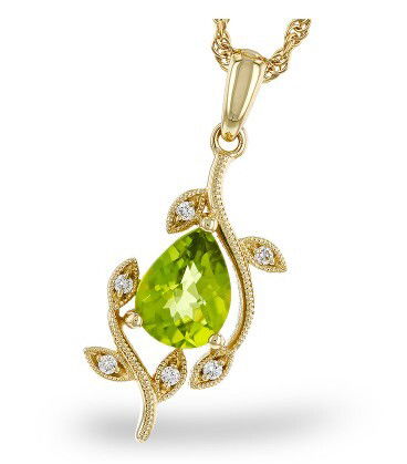 14KYG 1.16CT PEAR SHAPE PERIDOT & 6 ROUND DIAMONDS 0.05CT VINE INSPIRED PENDANT W/18" ROPE CHAIN 14KYG 1.16CT PEAR SHAPE PERIDOT & 6 ROUND DIAMONDS 0.05CT VINE INSPIRED PENDANT W/18" ROPE CHAIN