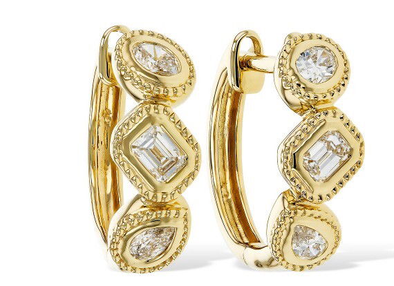 14KYG 2 OVAL, 2 EMERALD CUT & 2 PEAR SHAPE DIAMONDS 0.42CT BEZEL SET HOOP EARRINGS