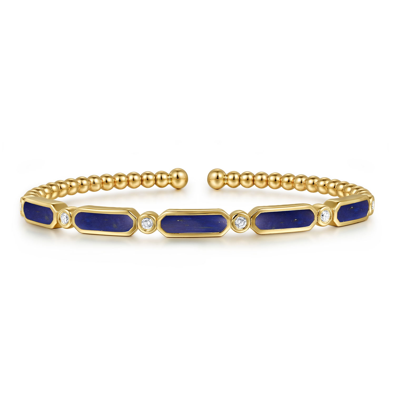 14K YELLOW GOLD 6 ROUND 0.20CTW DIAMONDS & 5 LAPIS 2.33CTW BUJUKAN BANGLE BRACELET