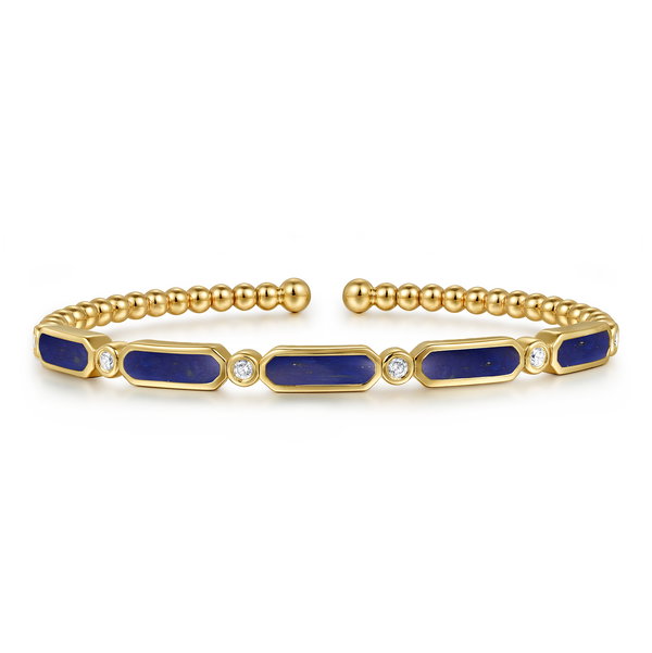 14K YELLOW GOLD 6 ROUND 0.20CTW DIAMONDS & 5 LAPIS 2.33CTW BUJUKAN BANGLE BRACELET